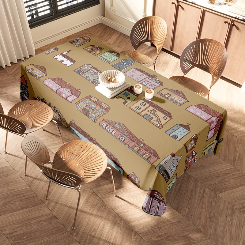 Decorate your dining table with this stylish city-themed printed tablecloth featuring charming buildings in warm colors perfect