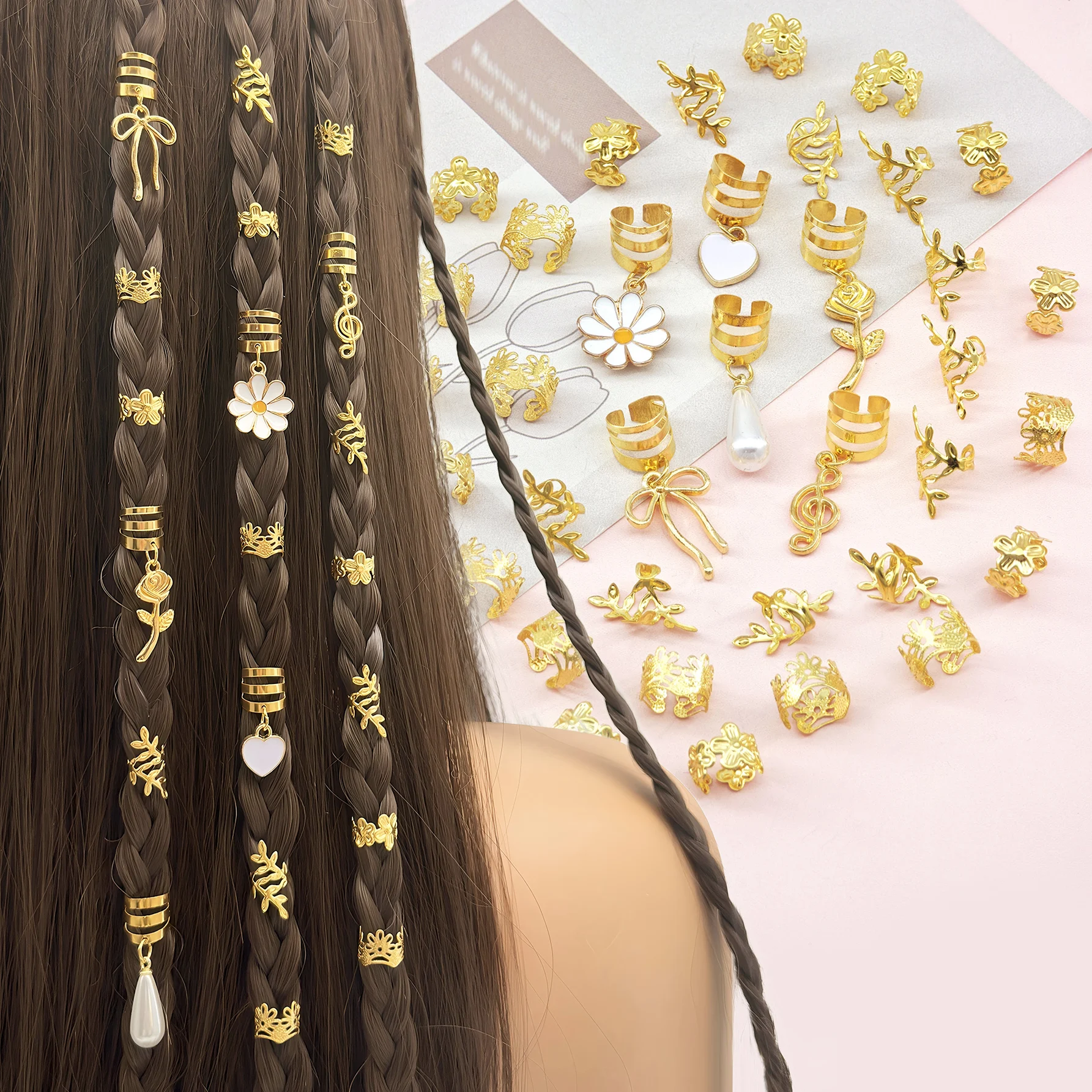 36pcs Romantic Melody Hair Rings with Hollow Bow, Music Note, White Daisy, Heart & Pearls Alloy, Hair Clips for Women's Braids