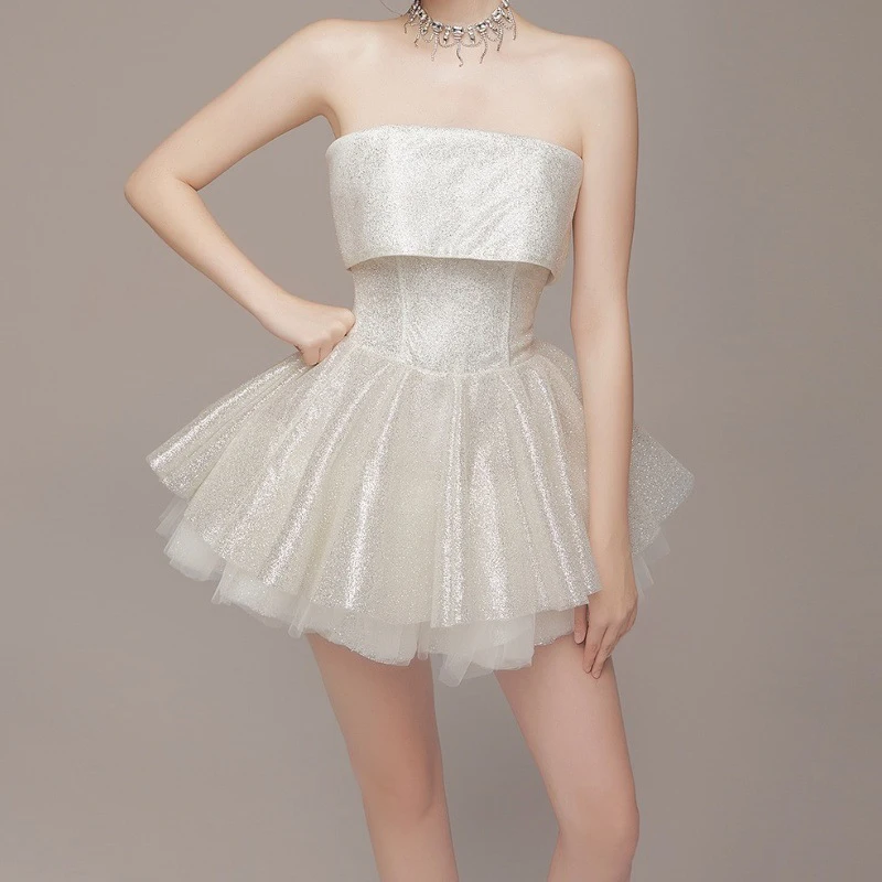 Elegant Glitter Hight Waist Solid Party Dress Fashion Backless Slim Evening Dress Sexy Strapless Sleeveless Bodycon Mini Dresses