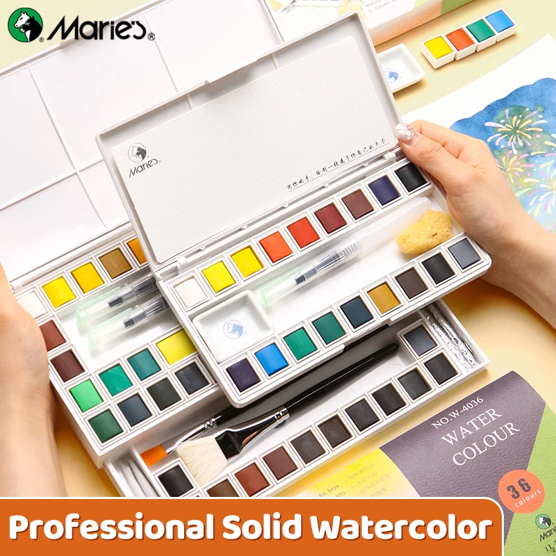 Marie's 18/24/36/48 Colors Solid Watercolor Paint Set,Includes Refillable Water Pens, Porcelain Plates, Sponge,Watercolor Paper