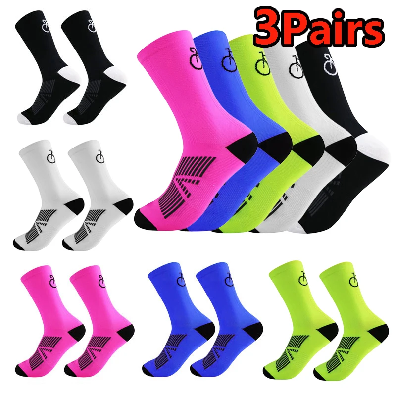 3 Pairs Cycling Socks Men Breathable Mesh Road MTB Bike Socks Bicycle Pattern Mid Tube Outdoor Sport Racing Socks Running Stripe
