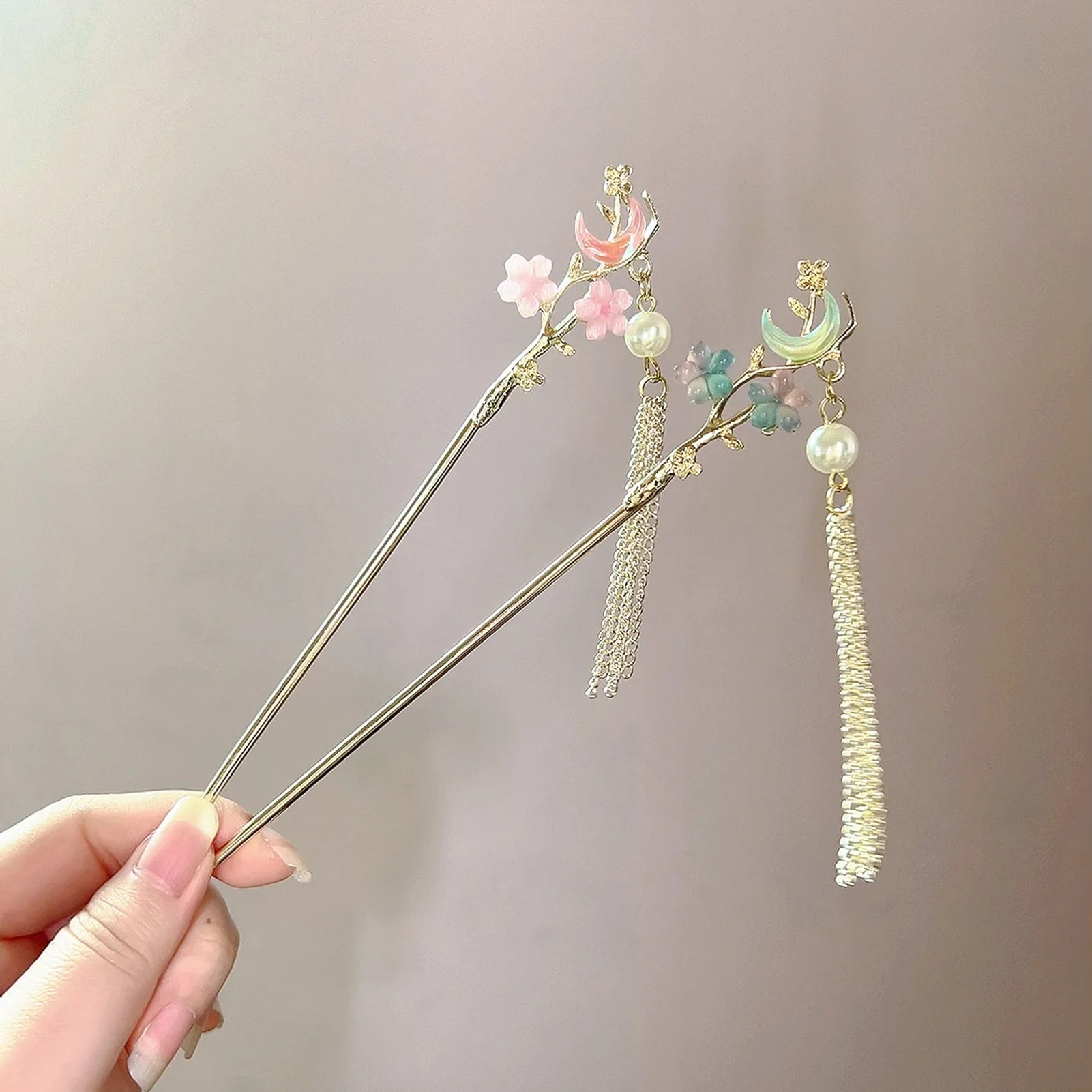 Palillos para el cabello de aleación para mujer, tenedores, coleteros para niñas, joyería, cuentas de flores, borla, horquillas chinas Retro, accesorios para el cabello, regalo