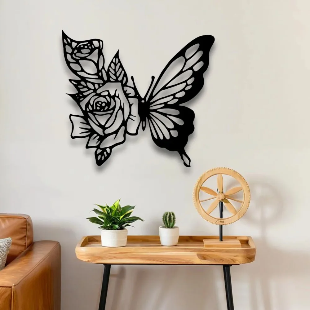 CIFBUY Décoration murale en métal, sculpture de papillon et de fleur, décoration suspendue en fer imperméable, artisanat à thème élégant pour salon et chambre à coucher