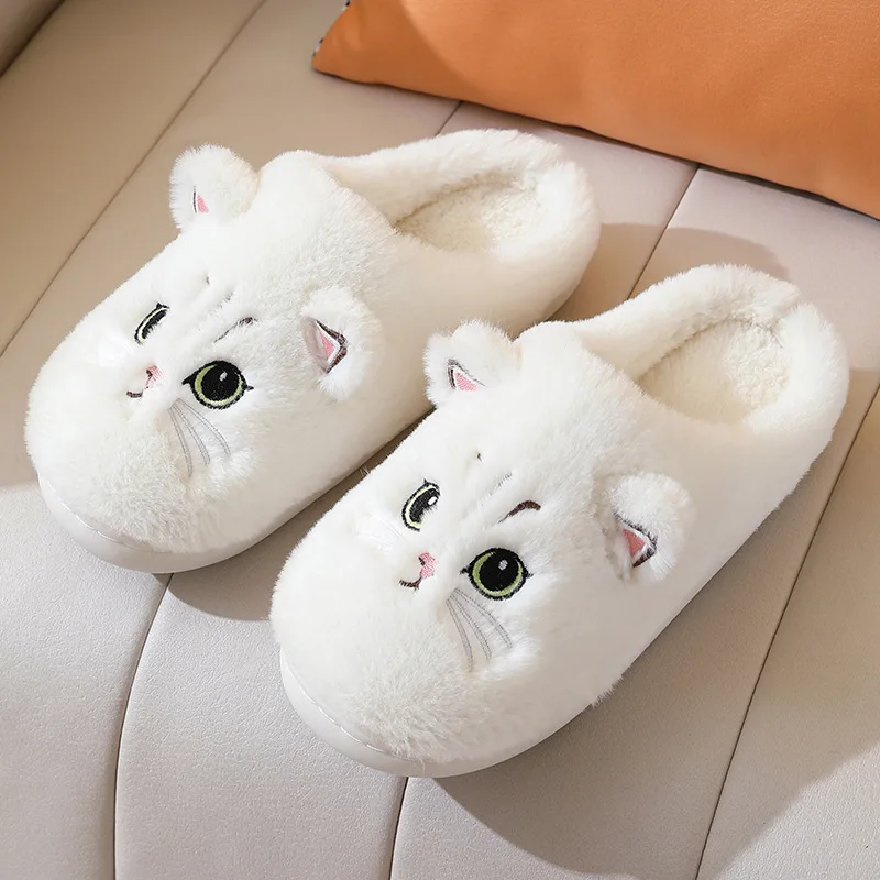 Black Cat Slippers Men Indoor Fur Slides Home Mens Funny Kitten Shoes 2025 New Plus Size 46-47 Male Female Fluffy Slippers