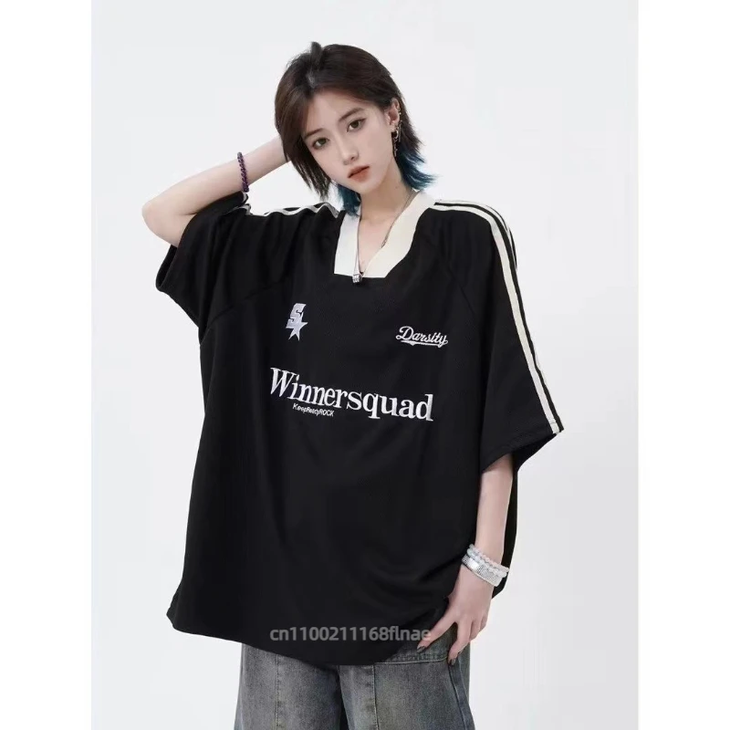 Топ для уличных танцев с ретро-вышивкой и цветными блоками, футболка с v-образным вырезом и короткими рукавами, свободный повседневный стиль в стиле хип-хоп