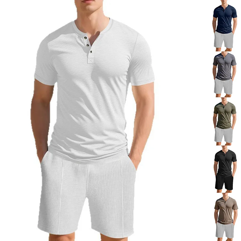 

Summer Casual Men's Suit Slim Fit Retro Henry Collar Shirt Short Sleeve Shorts Two-Piece Set Solid Color Fashion