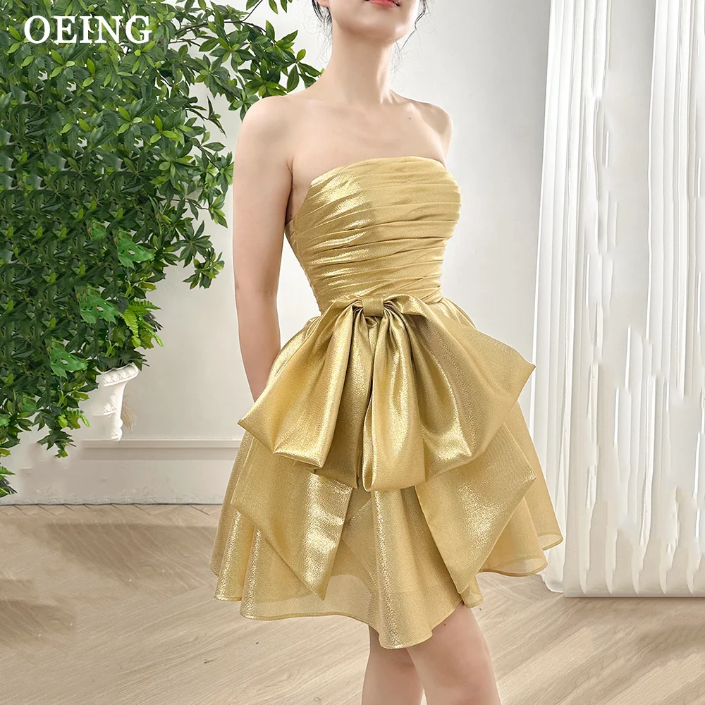 OEING Gold Ruffles Mini A-line Prom Dress Glitter Princess Strapless Corset Back Cocktail Club Party Dresses Vestidos De Gala