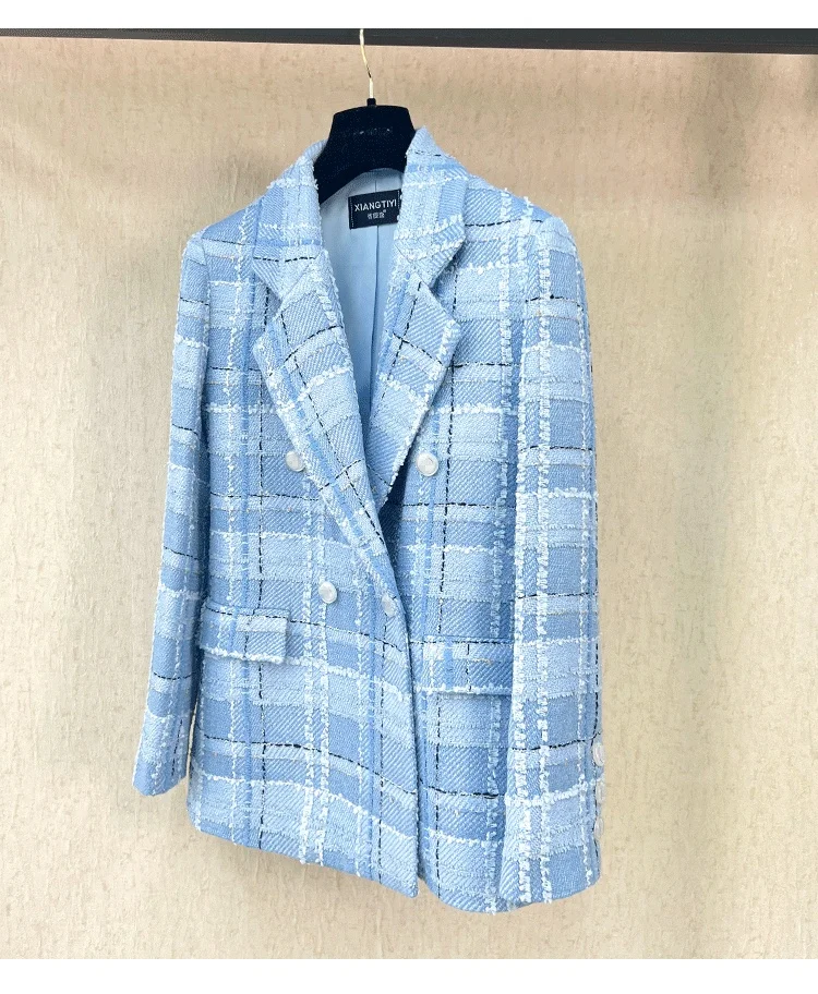 2024 Spring Autumn Fashion Women's Suits High Quality Blue Plaid Tweed Coat + A-line Skirt C907