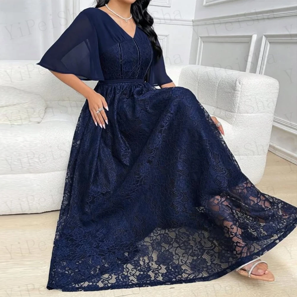 تخصيص ألف خط فساتين لحضور الحفلات الموسيقية الكاحل طول الخامس الرقبة نصف كم ثوب مسائي بسيط أزياء من الدانتل ثنيات عارية الذراعين حزب ثوب