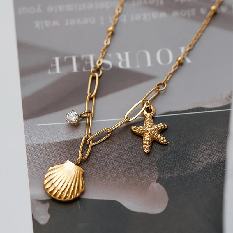 Stainless Steel Sea Star Shell Pendant Necklace For Women Girls Gold Color Luxury Vacation Choker Chain Wedding Jewelry Gifts