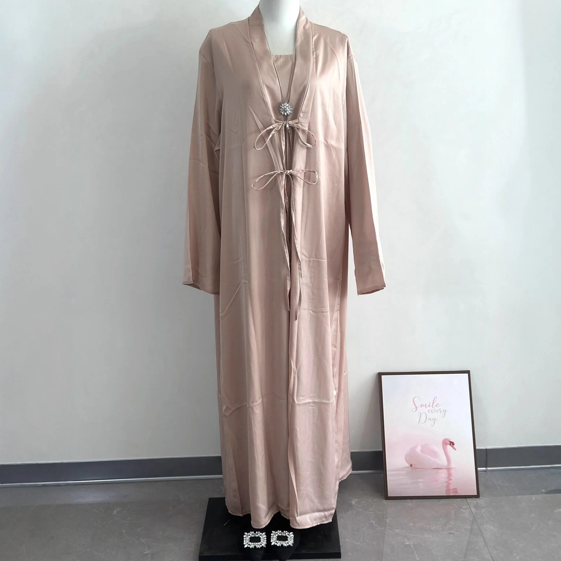 

2PCS Muslim Sets for Women Kimono Cardigan With Inner Dress Matching Clothing Ramadan Dubai Abaya Kebaya Kaftan Islam Jalabiya