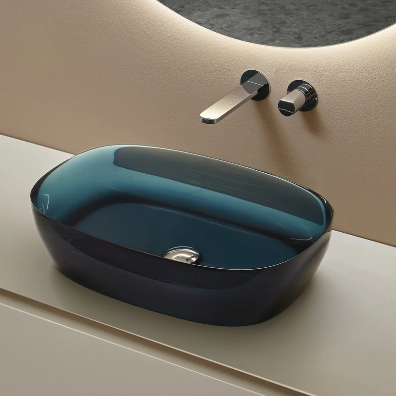 Balcony outdoor blue color transparent artificial stone thin side wash hands and face wash basin basin.