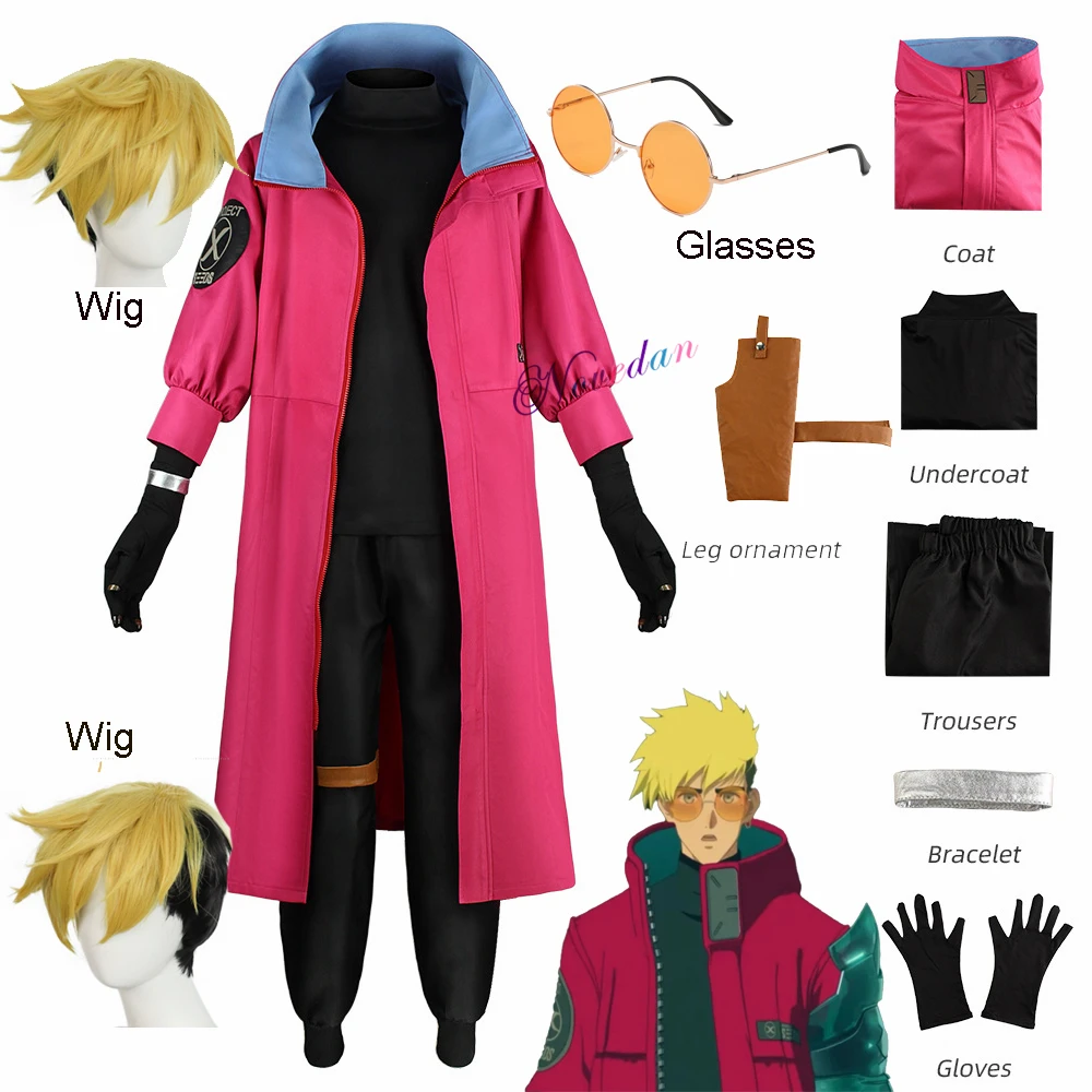 เสื้อโค้ทชุดเครื่องแบบวิกชุดคอสเพลย์ผู้หญิงอนิเมะ vash The stampede ชุดฮาโลวีนชุดสวมบทบาทปาร์ตี้สำหรับผู้ชายผู้หญิง