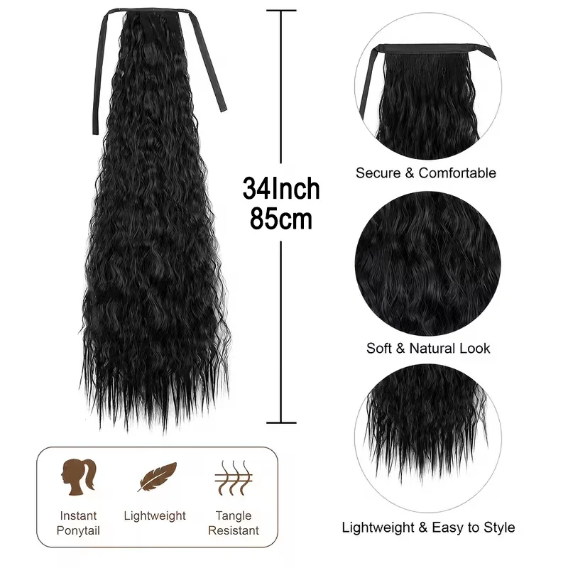 32Inch Synthetic Long Kinky Curly Ponytail Hair Extension Drawstring Clip in Elegant Hairpiece for Women Daily Use