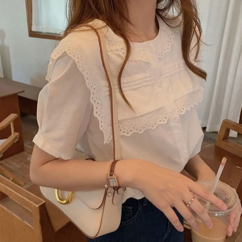 Chic Patchwork Lace Fashion Blouses Women\'s Summer 2024 New Solid Color Round Neck Single-breasted Short Sleeve Loose Shirt Tops