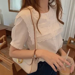 Chic Patchwork Lace Fashion Blouses Women's Summer 2024 New Solid Color Round Neck Single-breasted Short Sleeve Loose Shirt Tops