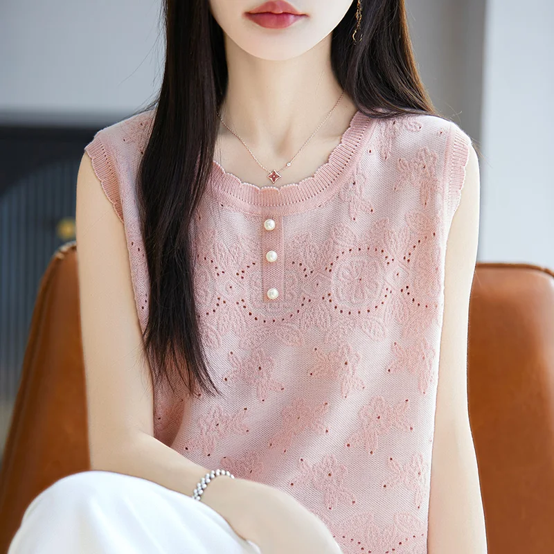 صيف جديد الصوف محبوك المرأة سترة دون أكمام موضة عادية الراقية الجاكار الأعلى الجولة الرقبة فضفاضة لينة البلوز تي شيرت #5