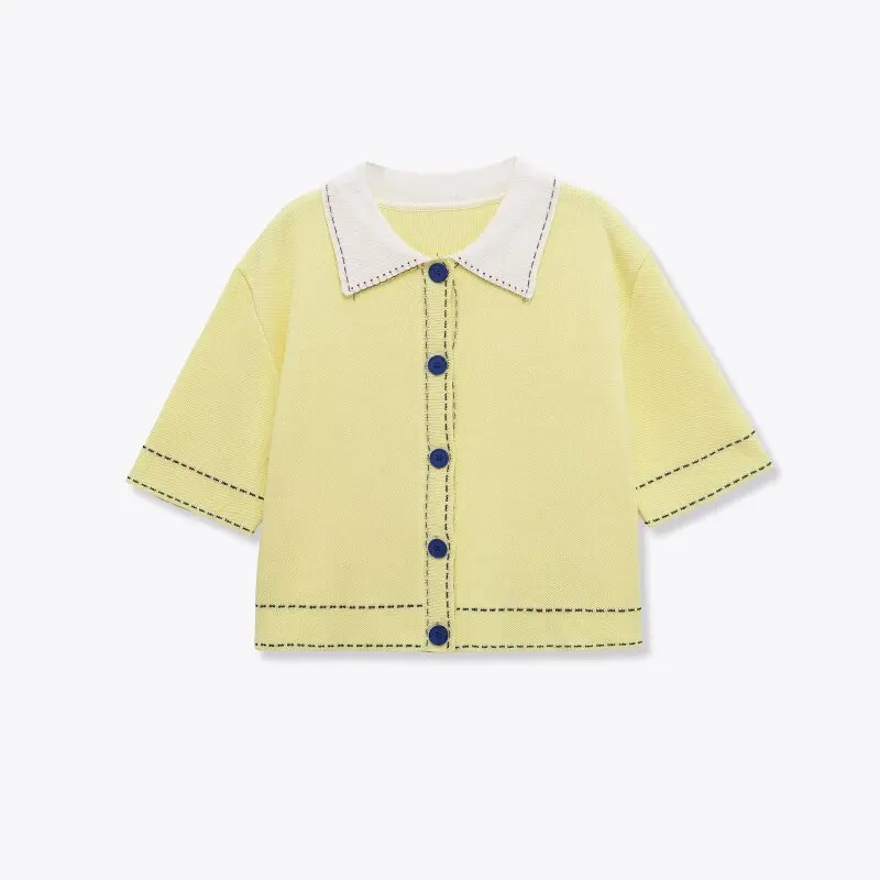 

Женский стиль поло с видимыми лацканами, вязаный кардиган с открытой передней частью, топ с короткими рукавами, повседневная летняя одежда из мягкого материала, повседневная одежда