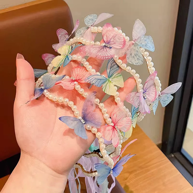 Children Girls Fashion Butterfly Headband Hair Hoop Baby Cute Princess Pearl Hairband Hairpin Hair Accessories