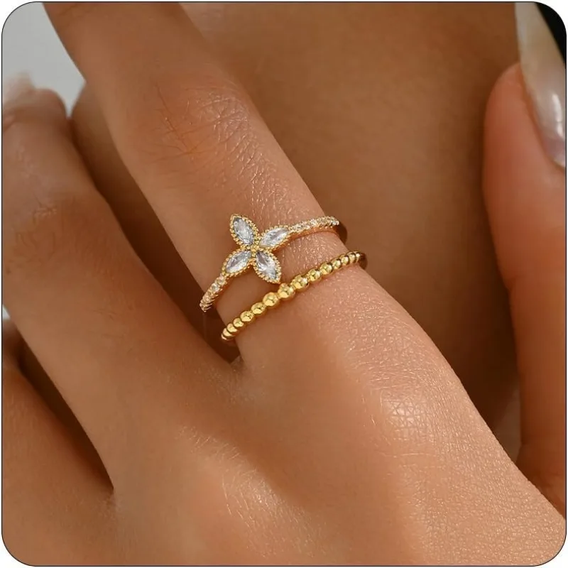 Open Stackable Clover Rings for Women 18K Gold Plated Dainty CZ Flower Feather Hollow Stacking D Rings Wedding Jewelry Gifts