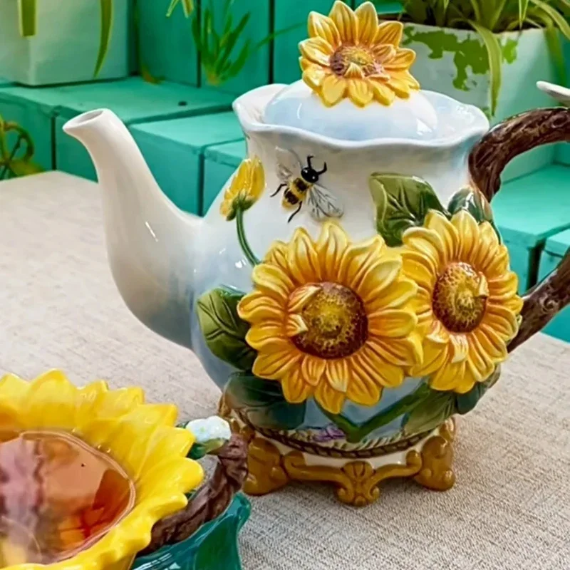 

Hand-Painted Sunflower Ceramic Coffee Set Teapot and Tall Fruit Plate Snack Tray Wedding Gift Home Decoration