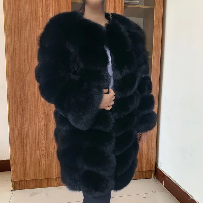 Inverno das mulheres quente genuíno fox casaco de pele longo bloco natural real casaco de pele mangas compridas alta qualidade Senhoras luxo casaco