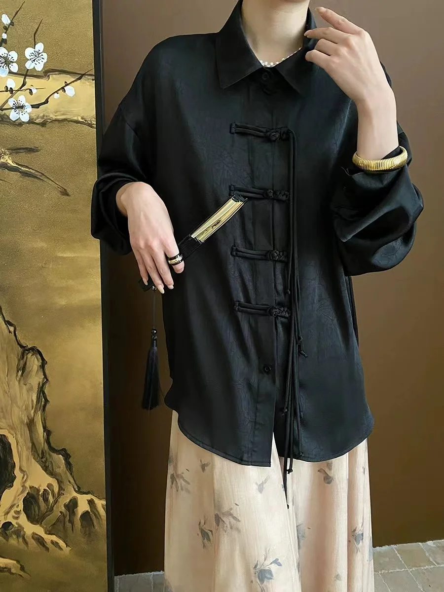 Chinese National Style Tassels Buckle Satin Jacquard Versatile Solid Color Shirt Early Spring New