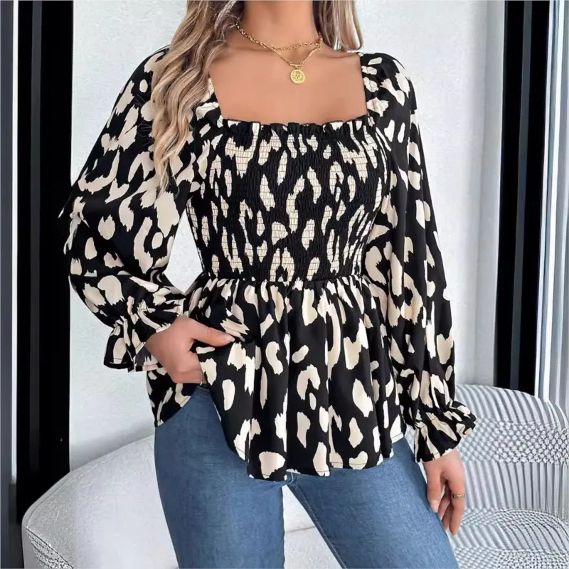 Women's Long Sleeved Shirt 2024 Casual Black Fungus Edge Square Collar Leopard Print Chiffon Shirt Sweeping The Autumn New Trend