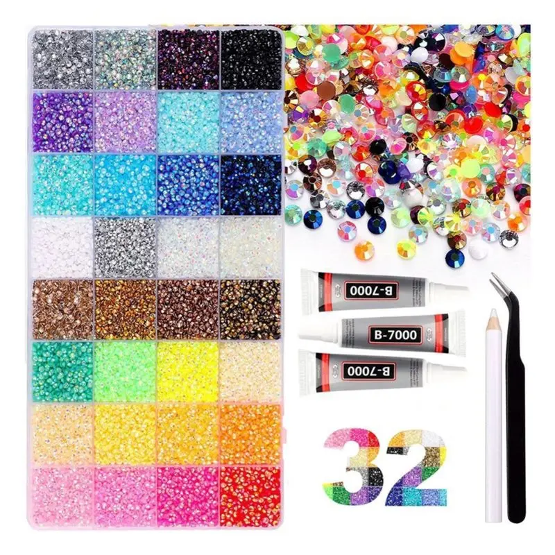 

【Товары для дома】Набор страз из полимерной смолы, 32 цвета, 32000 шт., 3 мм, с плоским основанием, для украшения ногтей, ювелирных изделий, одежды, обуви, художественных работ