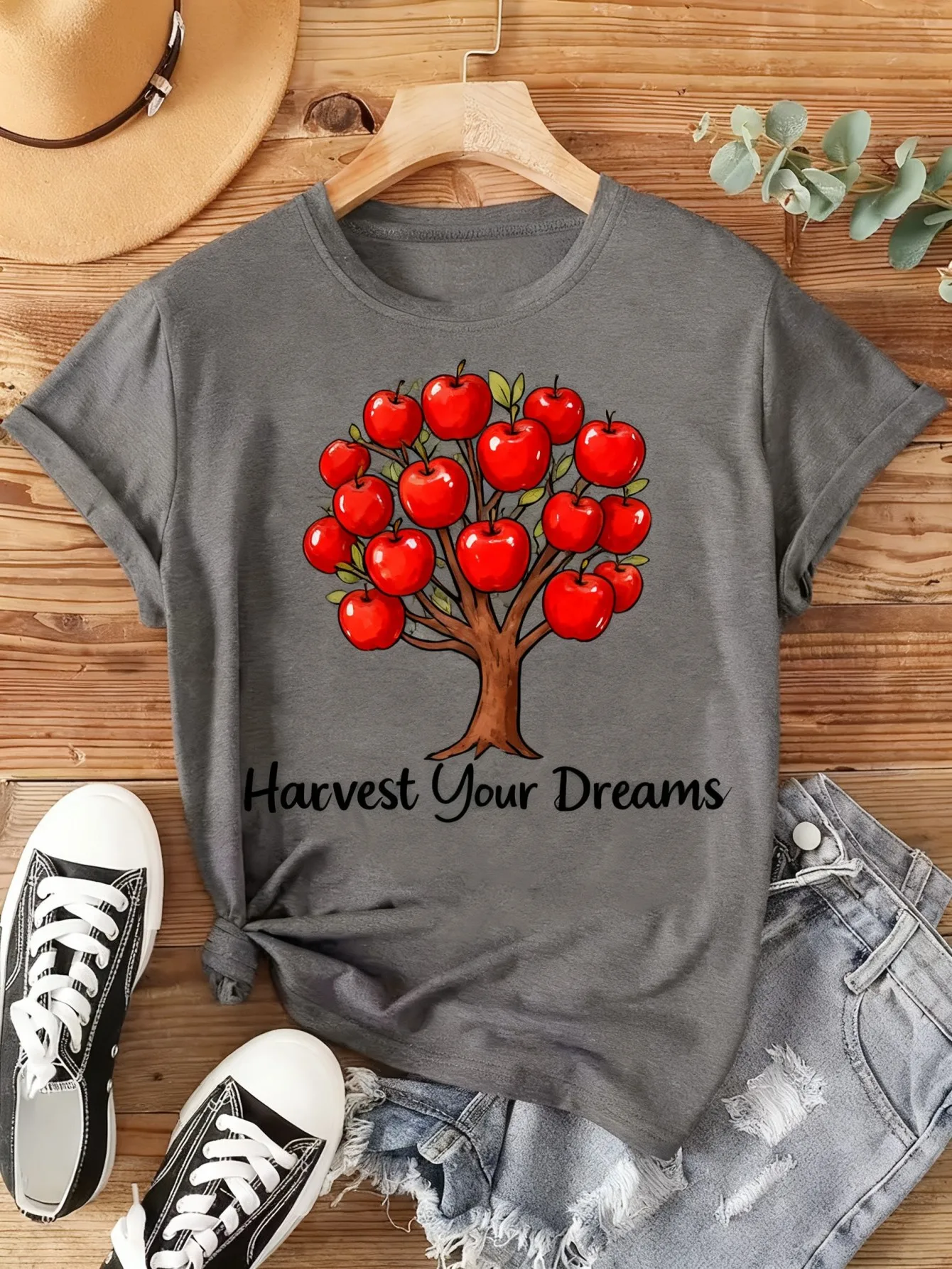 

Plus size women's short sleeve T-shirt Apple Tree With Red Apples Spring and Summer Must-Haves summer outfit women's clothing