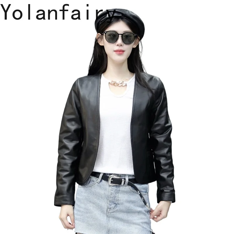 

YOLANFAIRY Autumn Genuine Sheepskin Leather Jacket Women Petite Fit Slim Open Front Short Cropped Long Sleeve Real Leather Coat