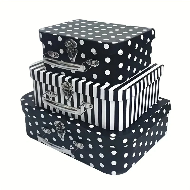 مجموعة صناديق هدايا مكونة من 3 قطع من الورق المقوى على الطراز العتيق - تصميم منقط وشريط، صندوق سفر لحفلات الزفاف الريفية، صندوق إكسسوار هدايا للحفلات #6