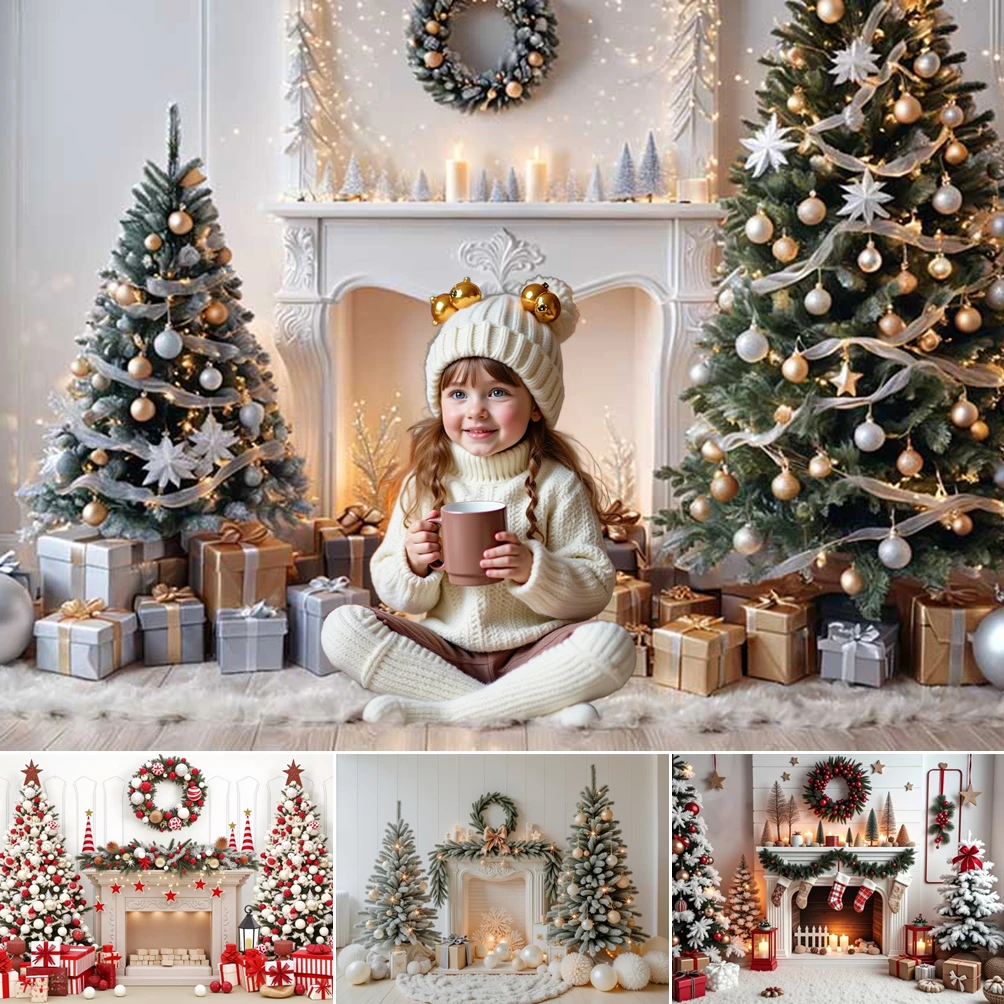 

MOON.QG 2025 Christmas Backgrounds For Photographs Wreath Gifts White Fireplace Backdrop Photoshoot Decoration Studio Wallpaper