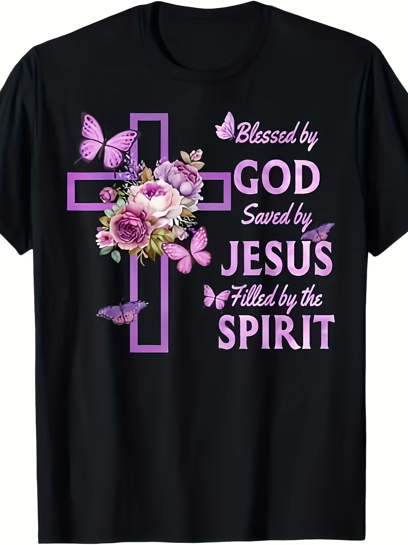 

Men's Black Religious Pattern T-Shirt - Purple Floral Cross and "Blessed God" Design, 100% Cotton Soft Breathable Short