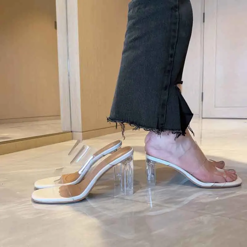 

Transparent Heel PVC Slippers Thick Heel Open Toe Sandals Banquet High Heeled Women Open Toe Shoes Zapato de Tacón Sapatos