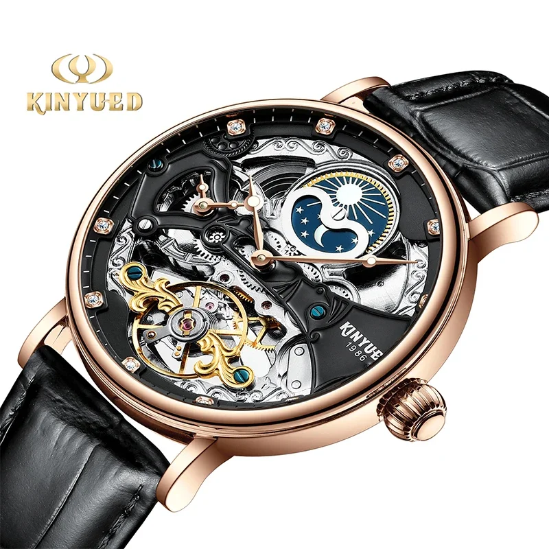 Kinyued New Men Mechanical Automatic Watch Business Leather Strap Watches Luminous Hands Moon Phase Two Time Zone Display Watch