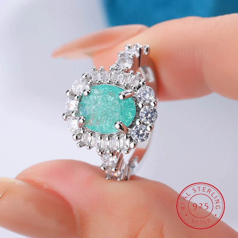 

Роскошное кольцо для пары с сапфиром Параиба, посеребренное 925, овальное кольцо с бриллиантами для женщин, подарок на день Святого Валентина с геометрическим цирконием