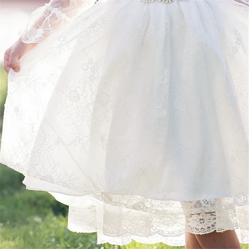 First Communion Gowns White Angel Flower Girl Dresses Tulle Lace Appliques Diamond Belt Long Sleeve For Wedding Kids Birthday