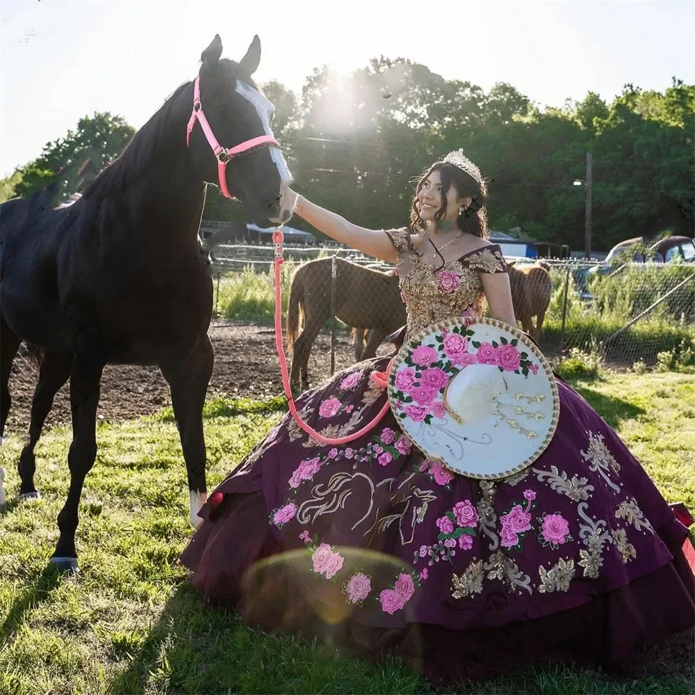 골드 레이스 아플리케 꽃무늬 자수 드레스, 멕시코 charro Quinceanera 드레스, 오프숄더 볼 가운, 15 나노