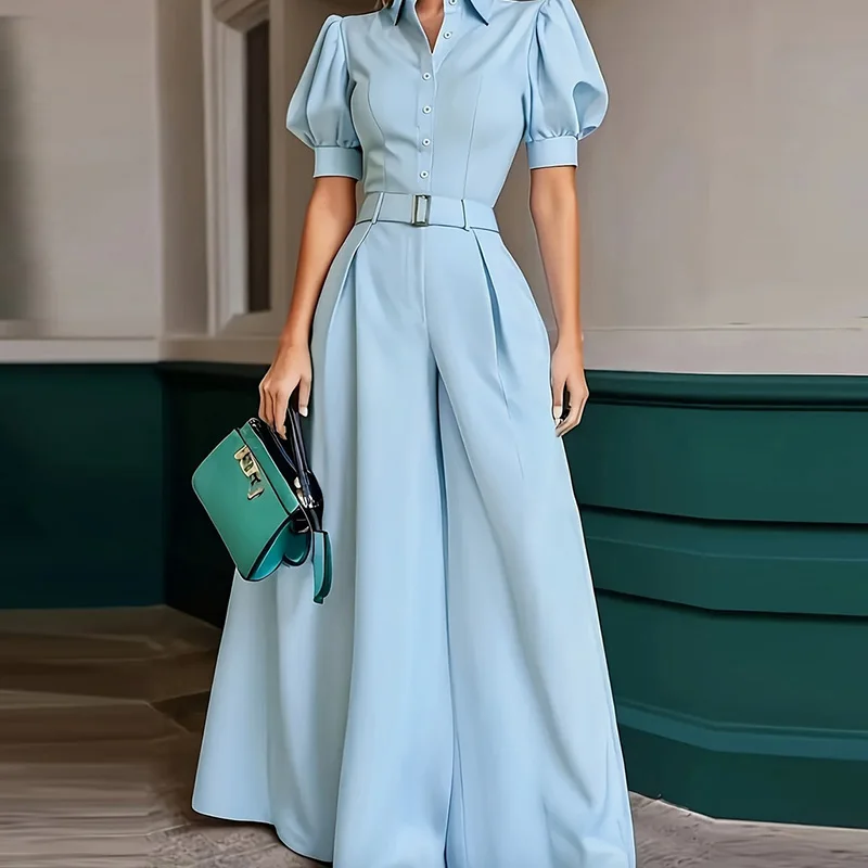 High Waist Solid Color Puff Sleeve Jumpsuits Elegant Lady Lapel Wide Leg Jumpsuits Fashion Casual Single Breasted Commute Romper