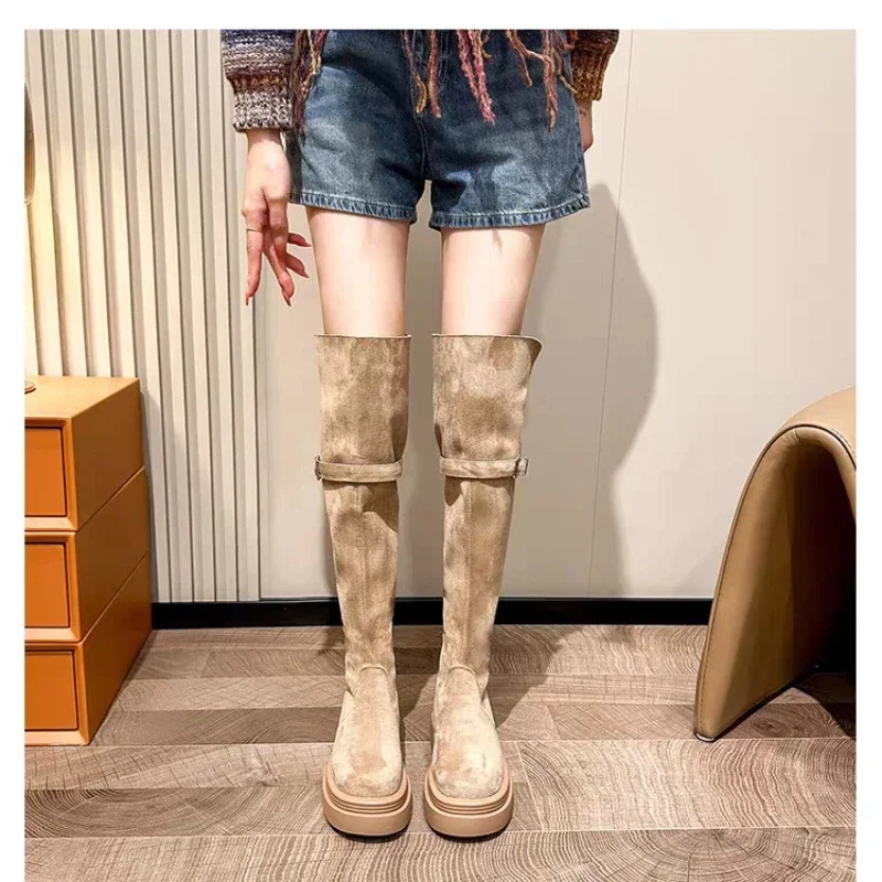 

2024 New Versatile Coarse Heel Fashion Boots Brown Platform Shoes Women Knee High Boots Middle Follow Suede Over The Knee