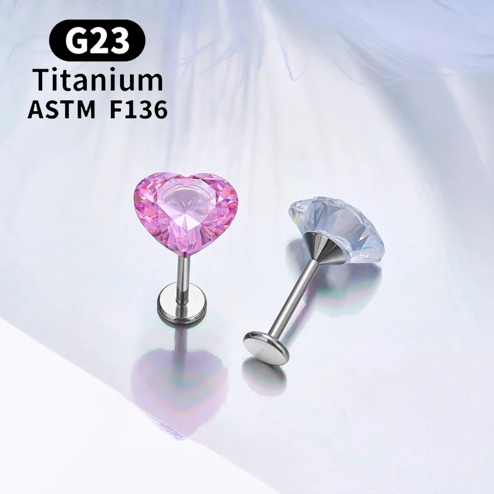 G23 Titanium Heart-shaped Stud Earrings for Women Girl 16G CZ Pin Type Labret Lip Ring Nose Ear Cartilage Tragus Body Jewelry