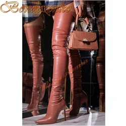 Elastic Solid Stiletto Heels Boots Pointy Toe Over The Knee Side Zipper Fitted Women Shoes Spring Autumn Party Dress Sexy Style