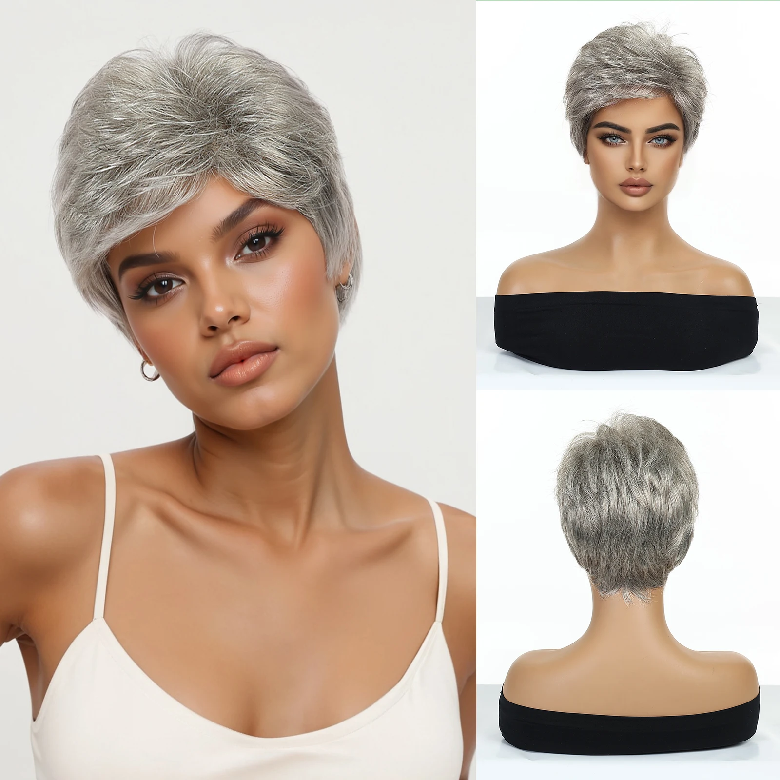 

HENRY MARGU Grey Short Hair Wigs Fluffy Pixie Cut Synthetic Wig for Black White Women Daily Party Use Heat Resistant Fiber