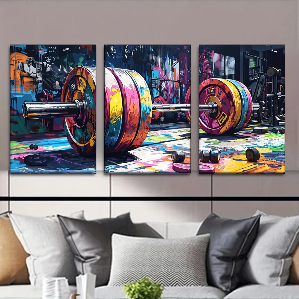 （NoFrame 3PCS）-2D 3pcs/Set, Canvas Painting--Unframed, Gym Graffiti Barbell, Artist Drawing Set, Living Room, Library, Office
