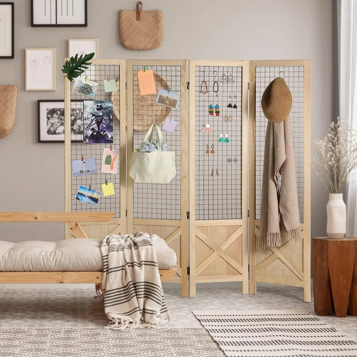 4 Panel Gridwall Display, Folding Privacy Screen Room Divider | Freestanding Wood Room Divider,Portable Display Board Organizer