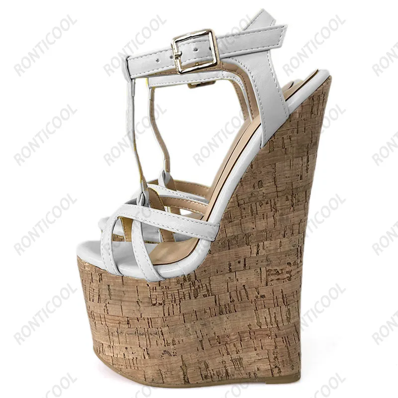 Ronticool Handmade Women T-strap Sandals Ultra High Wedges Heels Round Toe Classics Black Dress Shoes Ladies US Plus Size 5-15