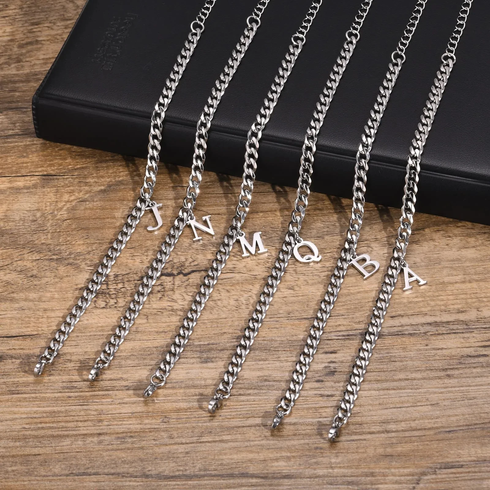 Mens Initials  Stainless Steel Cuban Links Bracelets A-Z 26 Letters Pendant Chain Bracelet Adjustable Jewelry Gift For Boyfriend