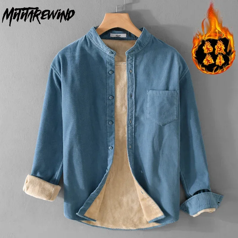 

Mens Winter Shirt Japanese Daily Casual Warm Shirts Pocket Stand Collar Corduroy Fleece Shirt Simple Thick Tops Vintage Clothes