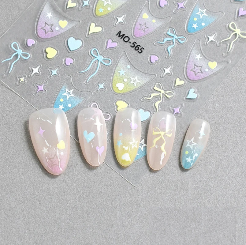 5D Embossed Nail Art Stickers Full Tips Candy Color Hollow Stars Love Hearts Bowknots Nails Decals Decorations For Manicures